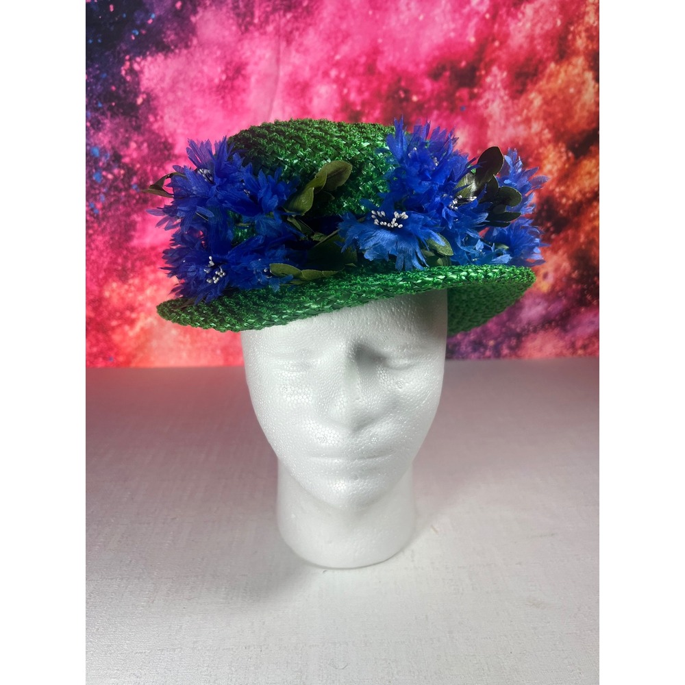 Vintage 1960s Judy B Green Woven Straw Pillbox Hat Blue Silk Flowers Retro